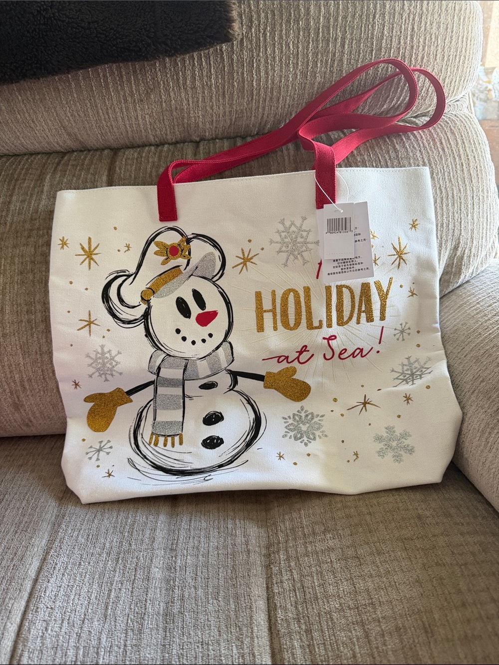 Disney Cruise LineHoliday at Sea White Canvas Tote with pinkHandles
